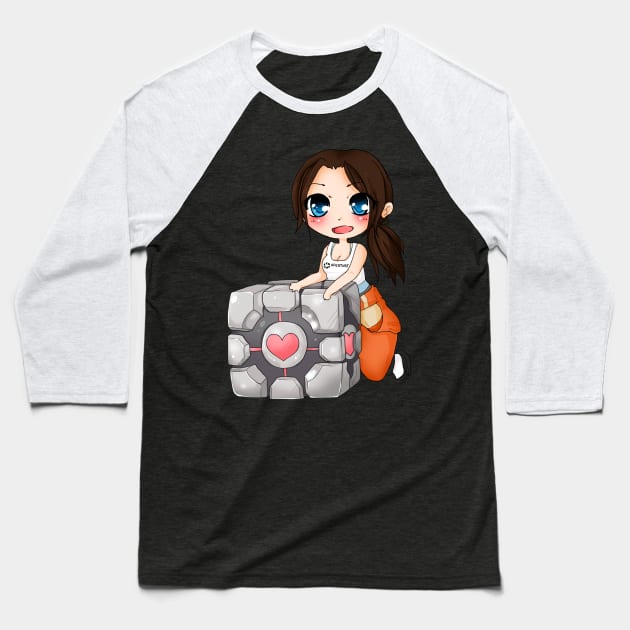 Chell and Companion cube Baseball T-Shirt by linkitty